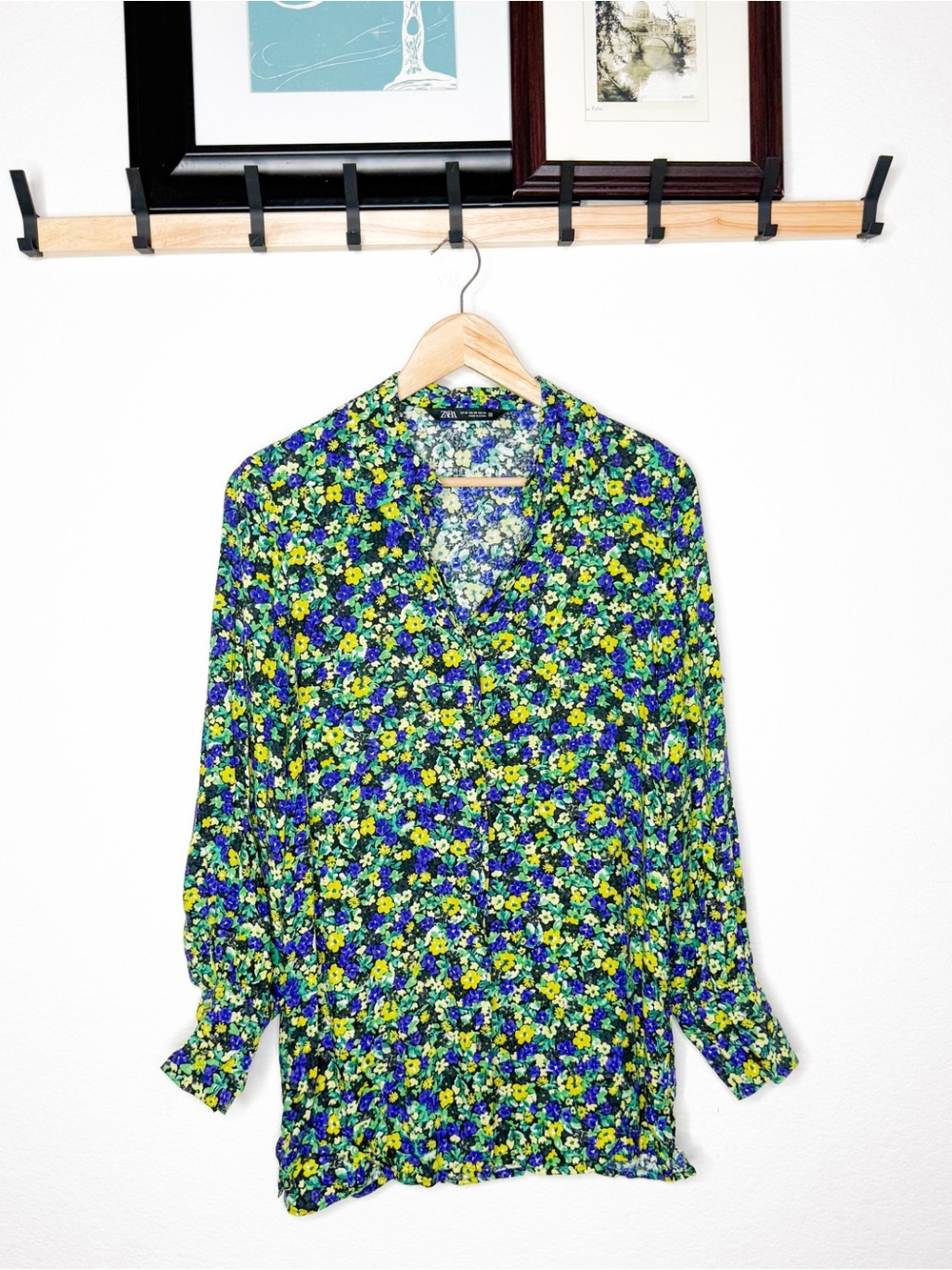 Zara Floral Print Blouse Women Blue Green Long Sleeve Lightweight Top Size XL
